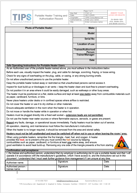 Screenshot of the TIPS Consultancy Ltd Portable Heater Training and Authorisation Record template showing safe operating instructions, authorisation signatures, and management fields for workplace heater use.