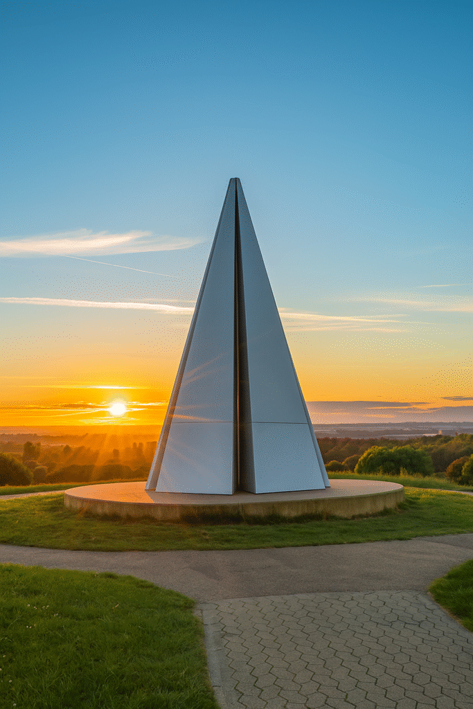 Light Pyramid sculpture at sunset in Campbell Park, Milton Keynes, symbolising balance, progress, and innovation in the city.