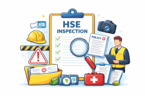 Competent person supporting an HSE inspection after a workplace accident using documented health and safety controls