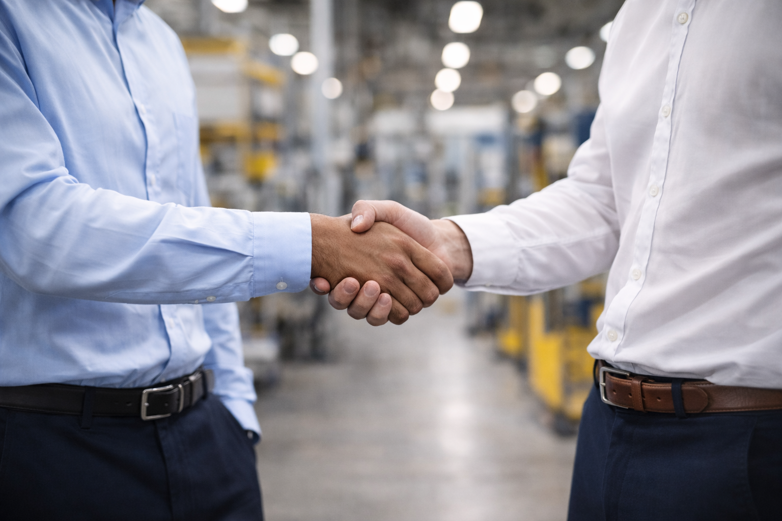 Kapil Chudasama, health and safety consultant, shaking hands with a managing director in a manufacturing environment