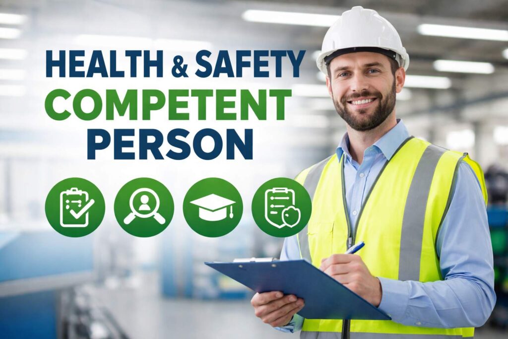Health and safety competent person carrying out a workplace inspection in an industrial setting