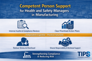 Infographic by TIPS Consultancy Ltd showing competent person support for health and safety managers in manufacturing, including internal audits and compliance reviews.