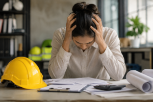 Stressed health and safety practitioner reviewing paperwork in a manufacturing office with a hard hat on the desk.