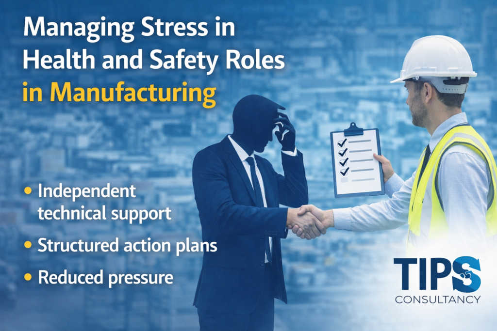 TIPS Consultancy Ltd image showing stress management in health and safety roles within manufacturing, highlighting competent person support and structured action plans.