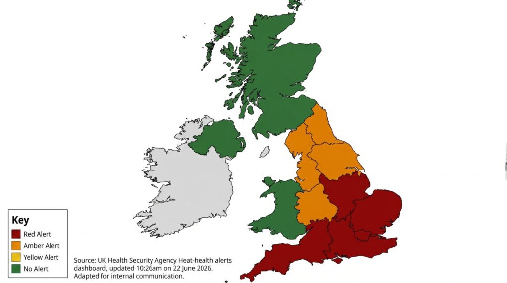 UKHSA heat-health alert map for 22 June 2026 showing Red heat-health alerts across southern and central England, including the East Midlands