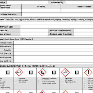 Editable CoSHH risk assessment template showing company and site fields, Safety Data Sheet (SDS) Section 1 substance details, and GHS globally harmonised hazard symbols with tick boxes for classification.